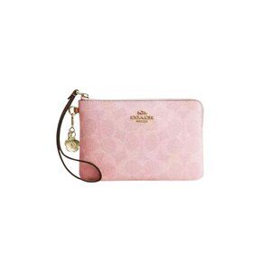 *NWT* COACH Powder Pink Corner Zip Wristlet In Signature Canvas With Charms BNIB
